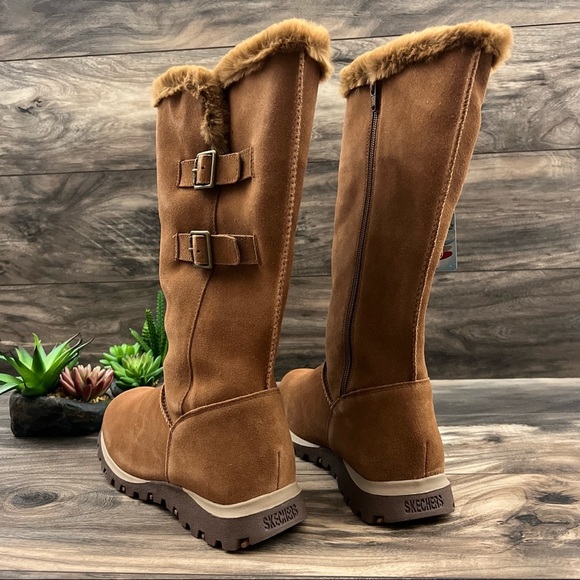 NIB Skechers Grand Jams Snowdrop Mid Calf Winter Boots Chestnut Suede - Picture 7 of 14